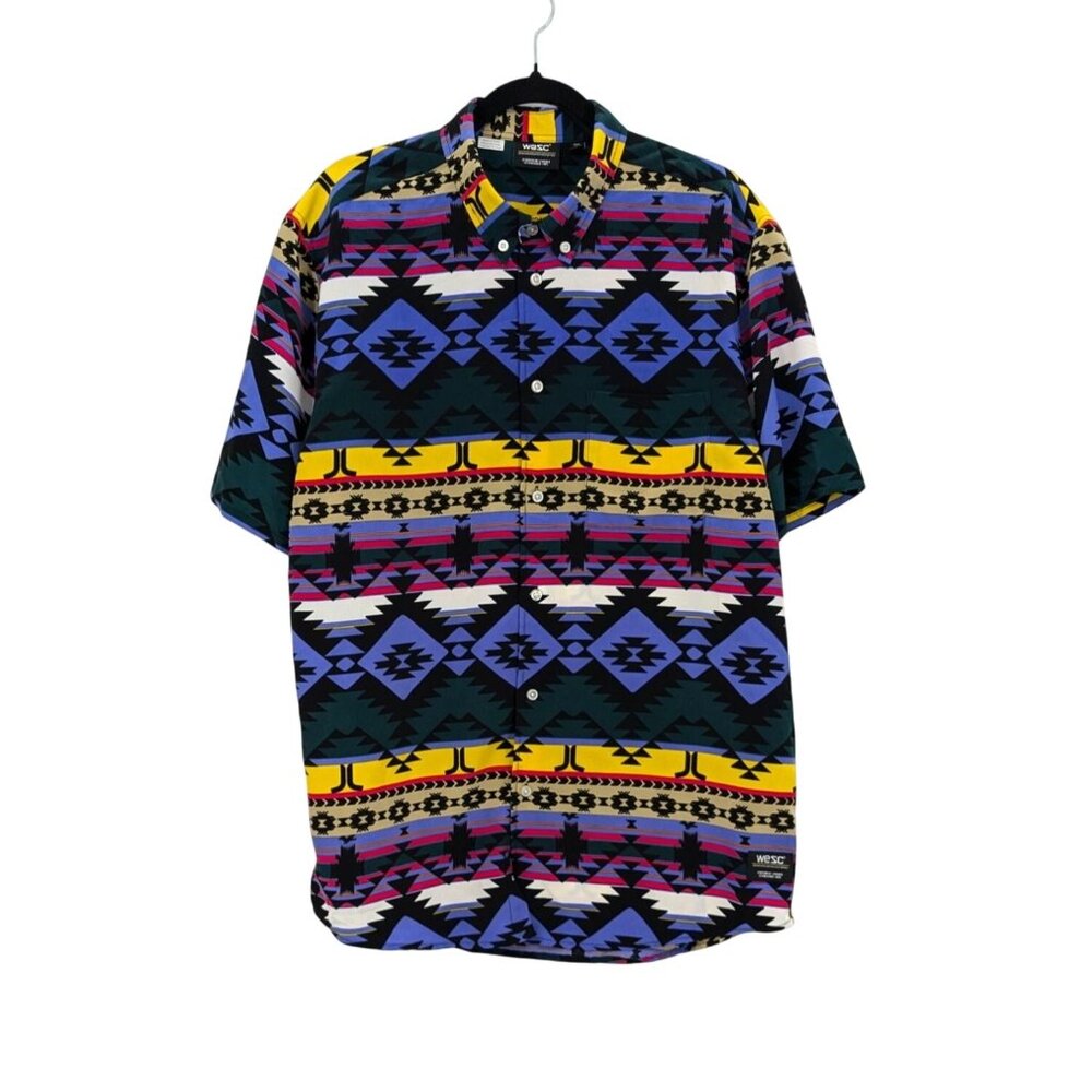 Tribal Aztec Print Button Up Shirt‎ Bold Graphic Festival Skate Y2K Indie Size L
